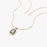 14k Baguette and Round Emerald Necklace with Halo Setting - GeumJewels