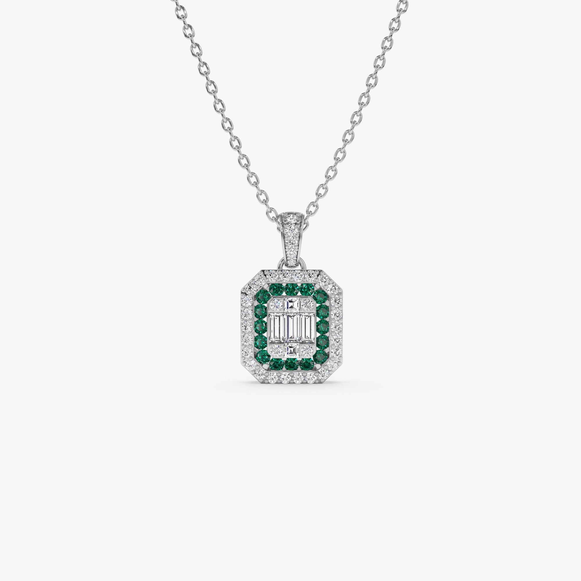 14k Baguette and Round Emerald Necklace with Halo Setting - GeumJewels