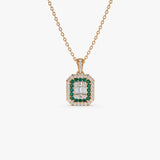 14k Baguette and Round Emerald Necklace with Halo Setting - GeumJewels