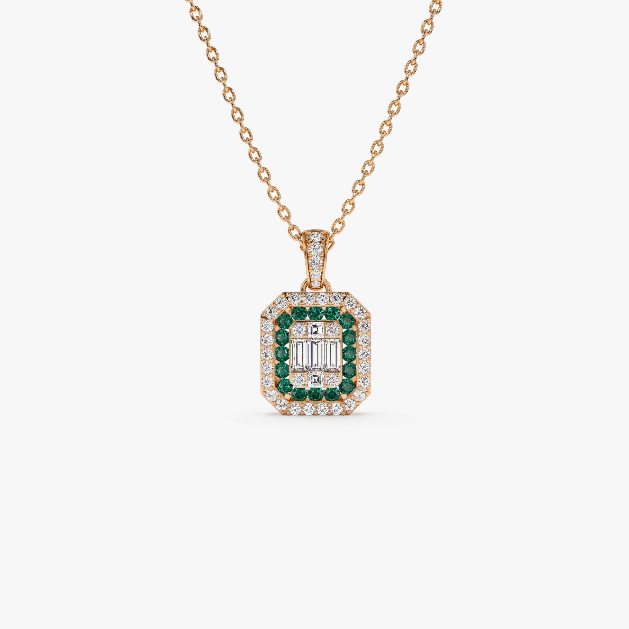 14k Baguette and Round Emerald Necklace with Halo Setting - GeumJewels