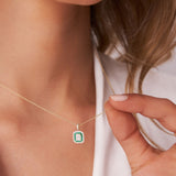 14k Baguette and Round Emerald Necklace with Halo Setting - GeumJewels