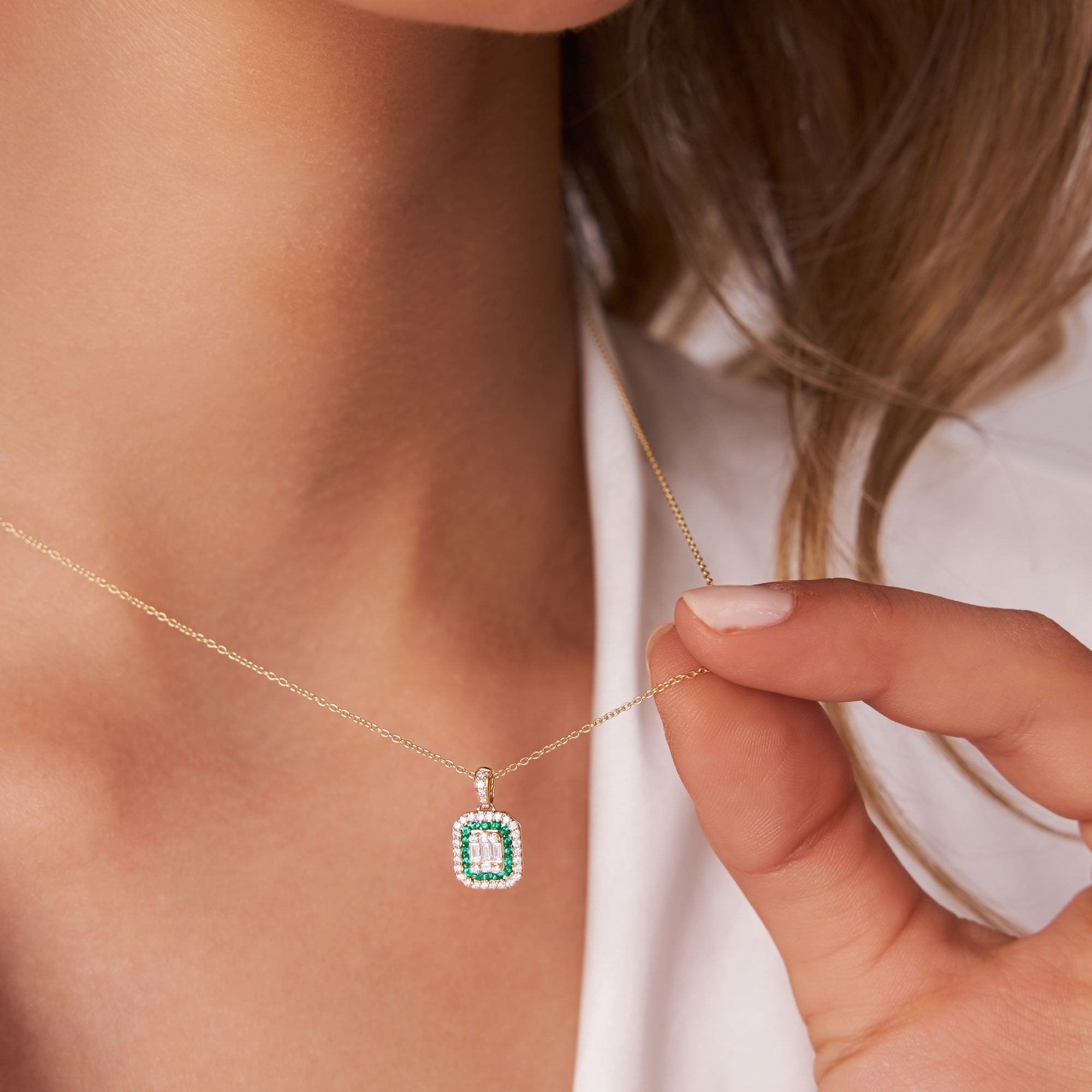 14k Baguette and Round Emerald Necklace with Halo Setting - GeumJewels