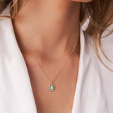 14k Baguette and Round Emerald Necklace with Halo Setting - GeumJewels