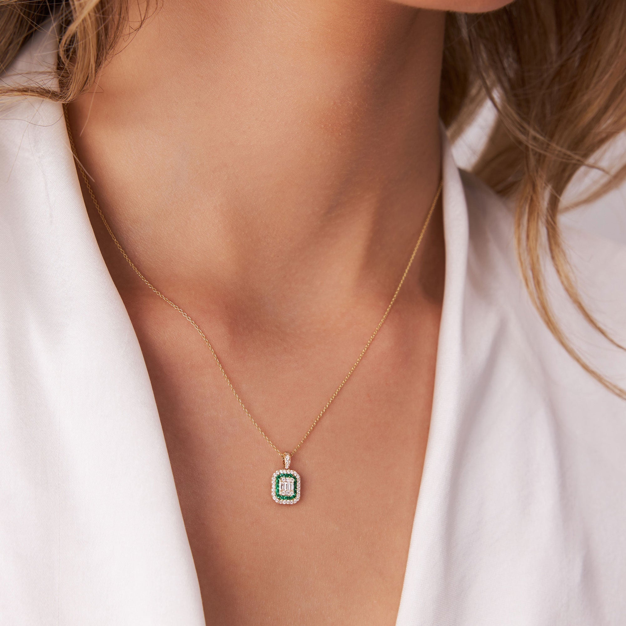 14k Baguette and Round Emerald Necklace with Halo Setting - GeumJewels