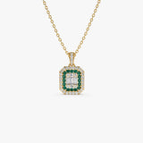 14k Baguette and Round Emerald Necklace with Halo Setting - GeumJewels