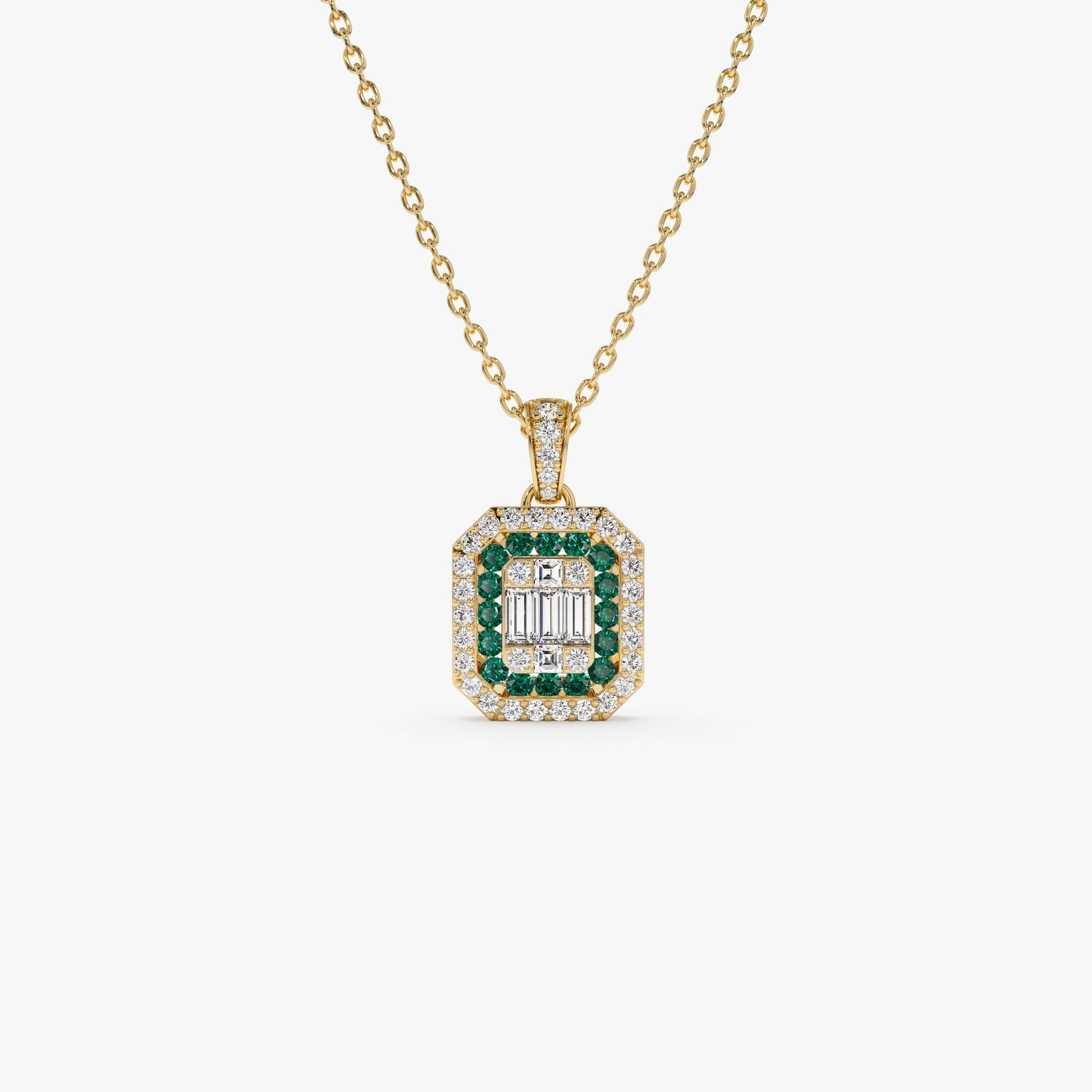 14k Baguette and Round Emerald Necklace with Halo Setting - GeumJewels