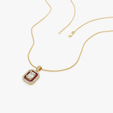 14k Baguette and Round Ruby Necklace with Halo Setting - GeumJewels