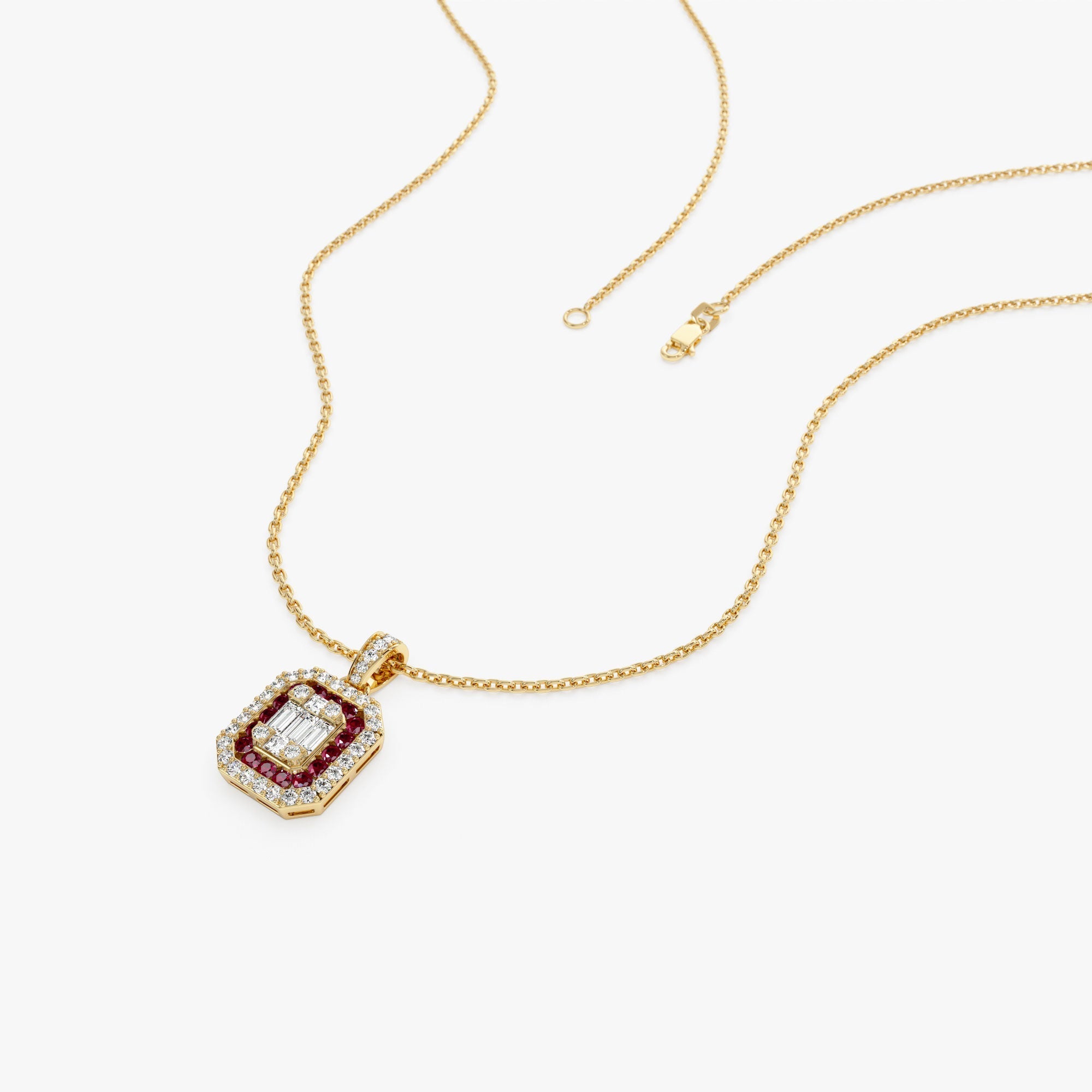 14k Baguette and Round Ruby Necklace with Halo Setting - GeumJewels