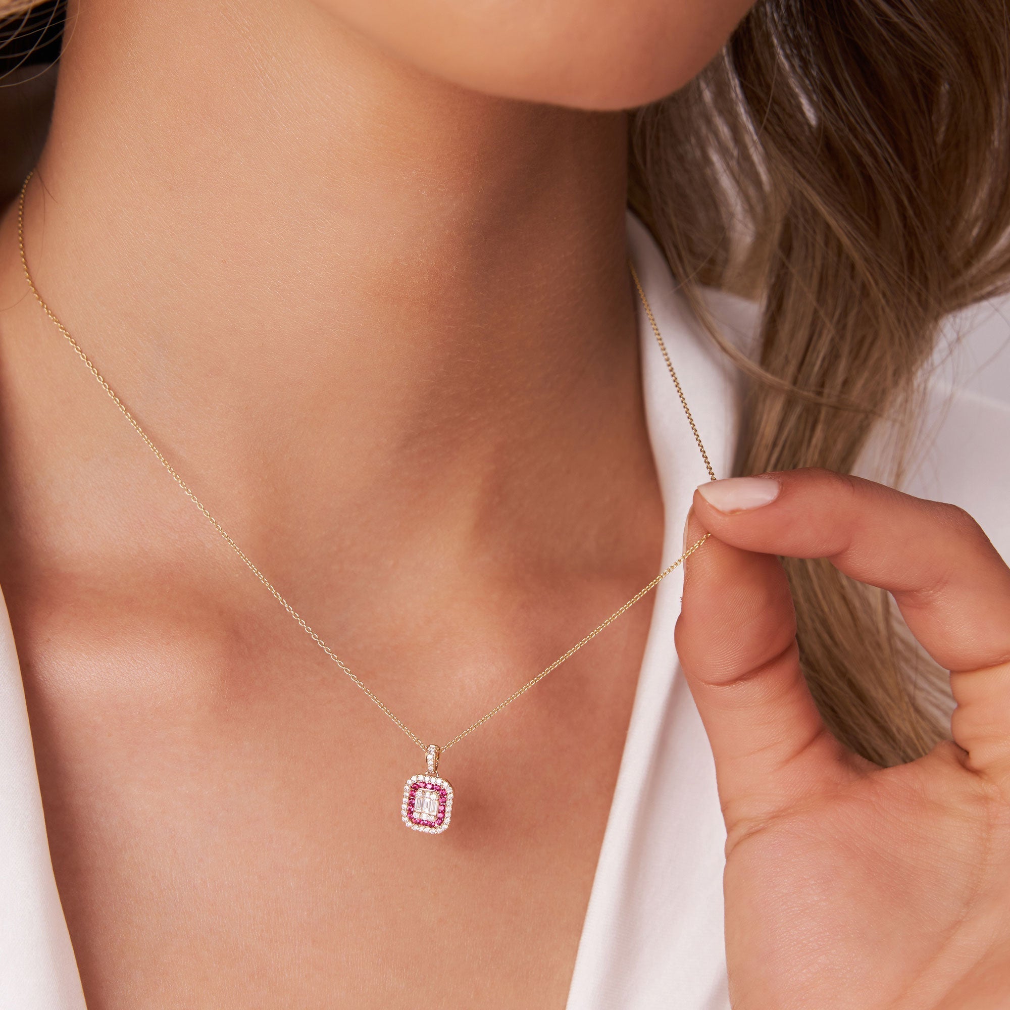14k Baguette and Round Ruby Necklace with Halo Setting - GeumJewels