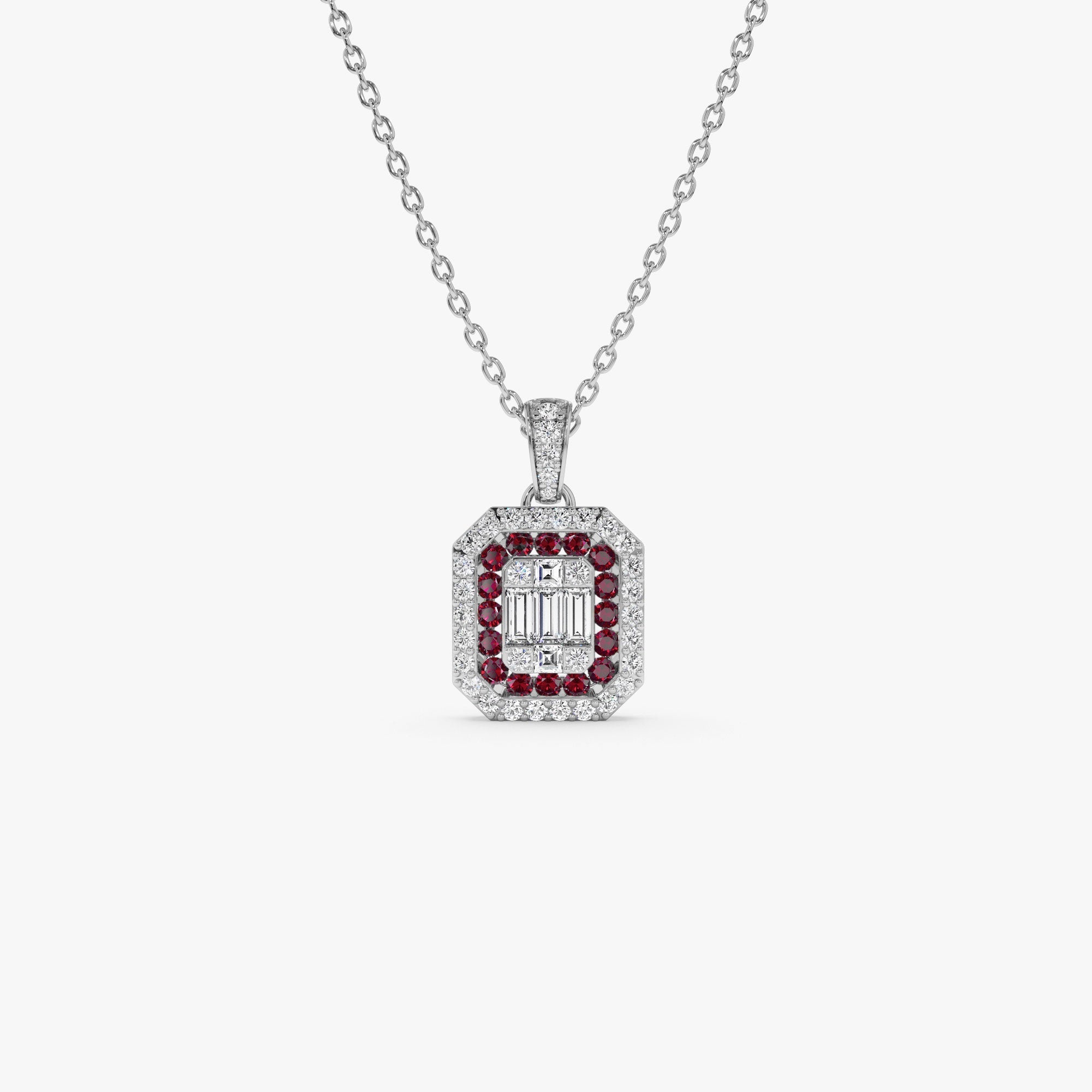 14k Baguette and Round Ruby Necklace with Halo Setting - GeumJewels