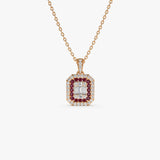 14k Baguette and Round Ruby Necklace with Halo Setting - GeumJewels