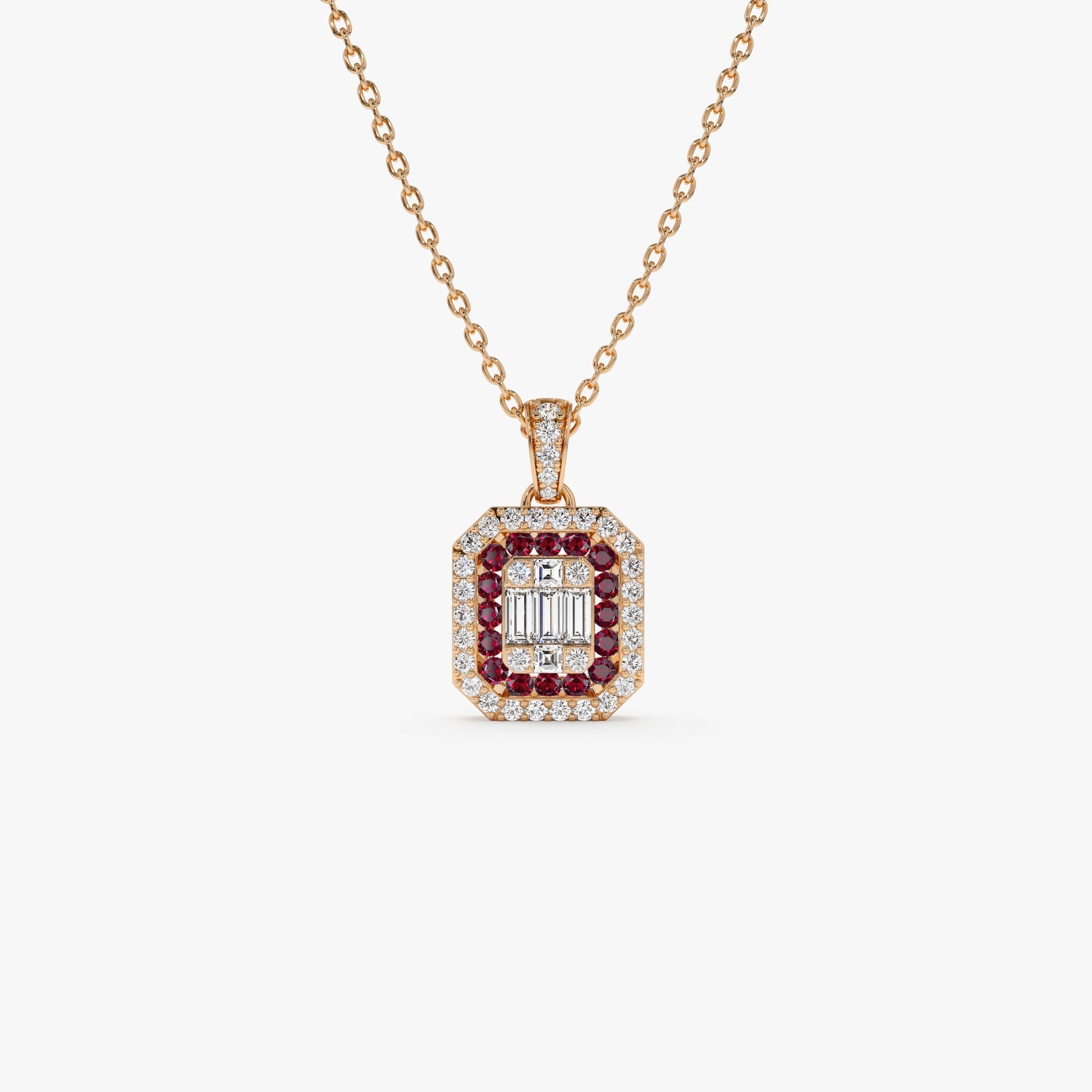 14k Baguette and Round Ruby Necklace with Halo Setting - GeumJewels