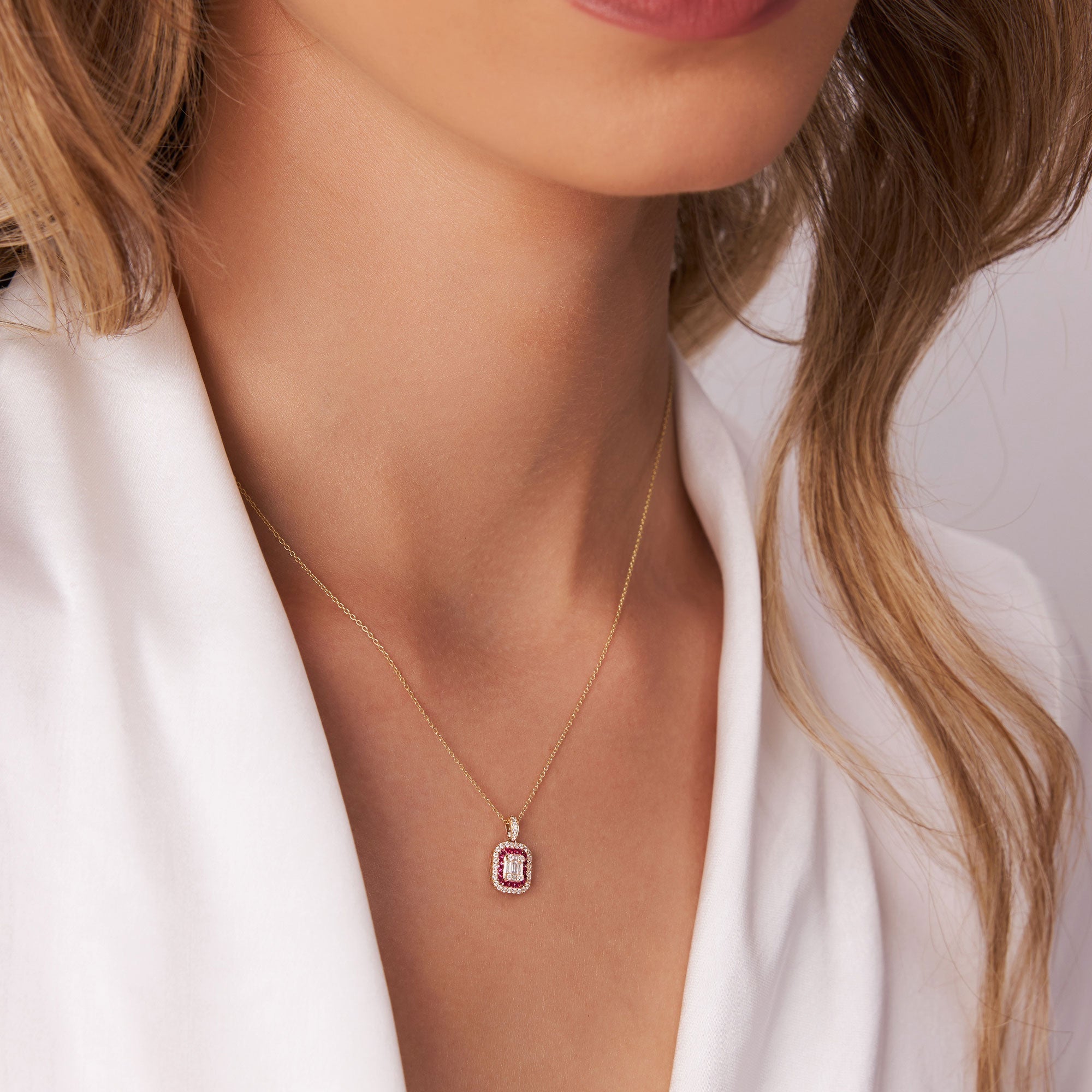 14k Baguette and Round Ruby Necklace with Halo Setting - GeumJewels