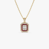 14k Baguette and Round Ruby Necklace with Halo Setting - GeumJewels
