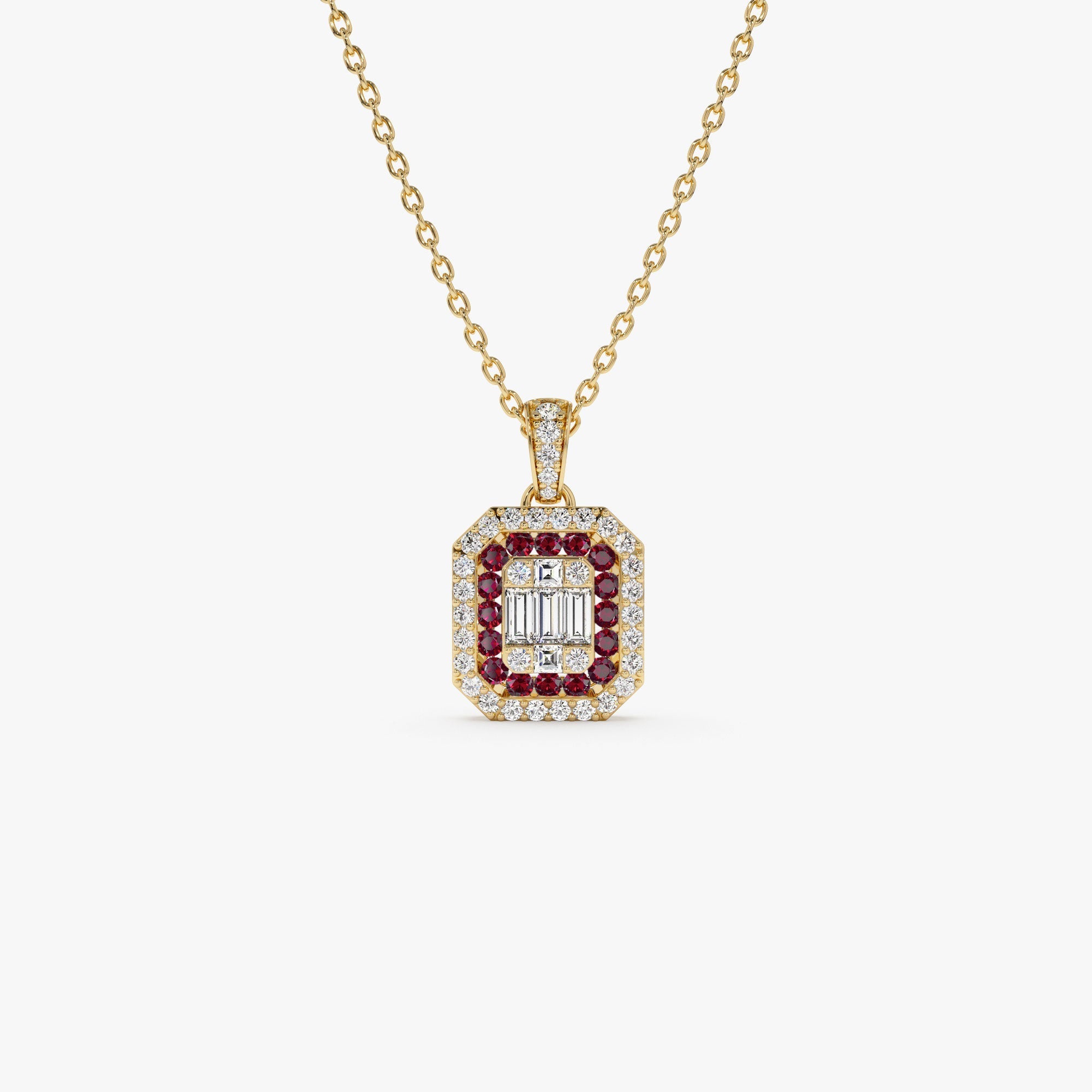 14k Baguette and Round Ruby Necklace with Halo Setting - GeumJewels