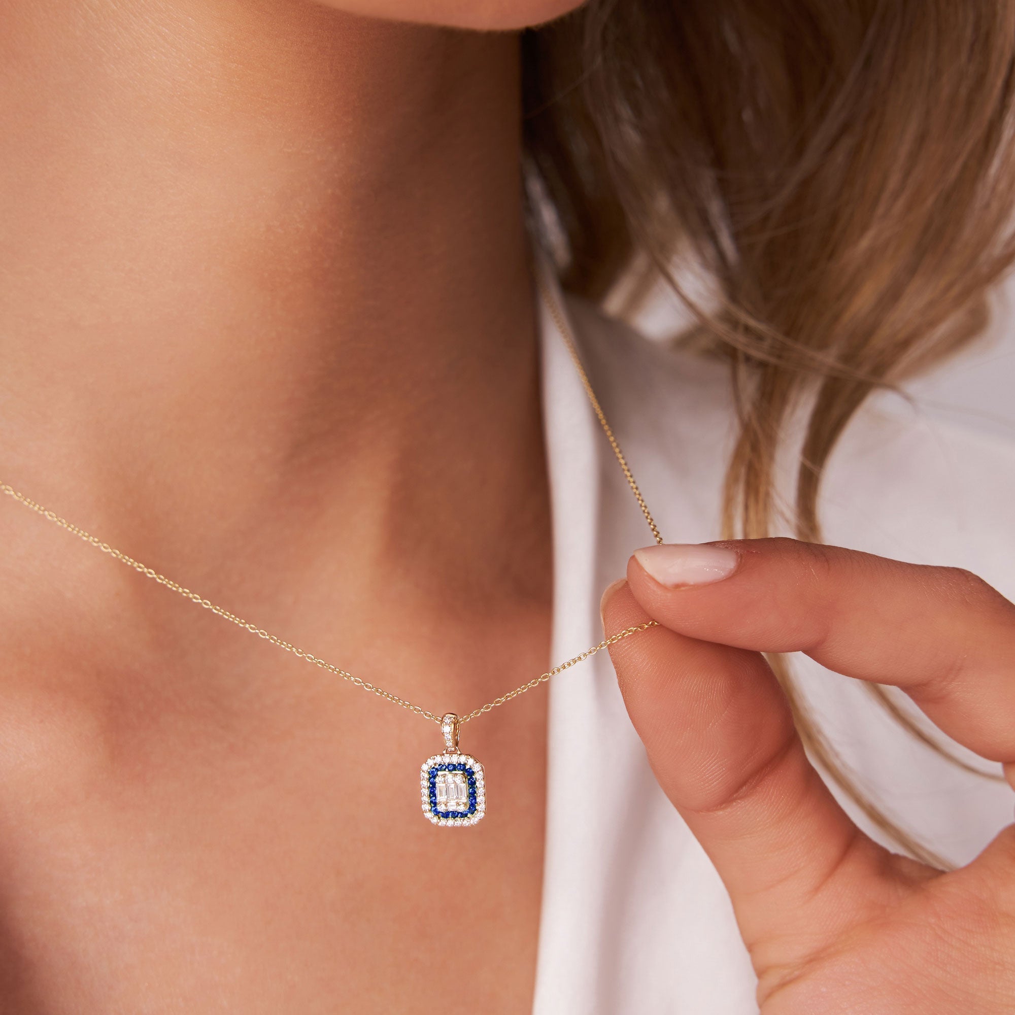 14k Baguette and Round Sapphire Necklace with Halo Setting - GeumJewels