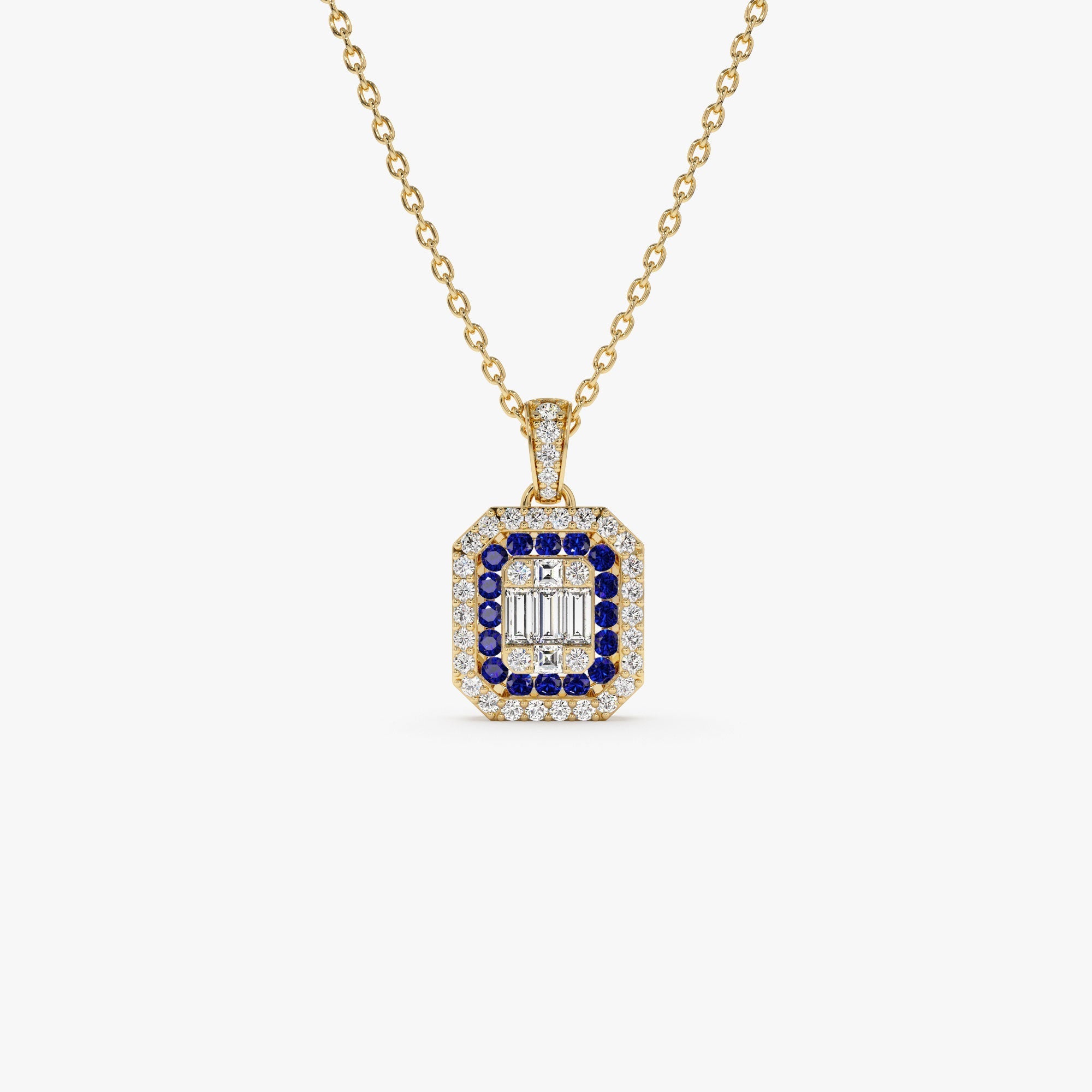 14k Baguette and Round Sapphire Necklace with Halo Setting - GeumJewels