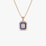 14k Baguette and Round Sapphire Necklace with Halo Setting - GeumJewels