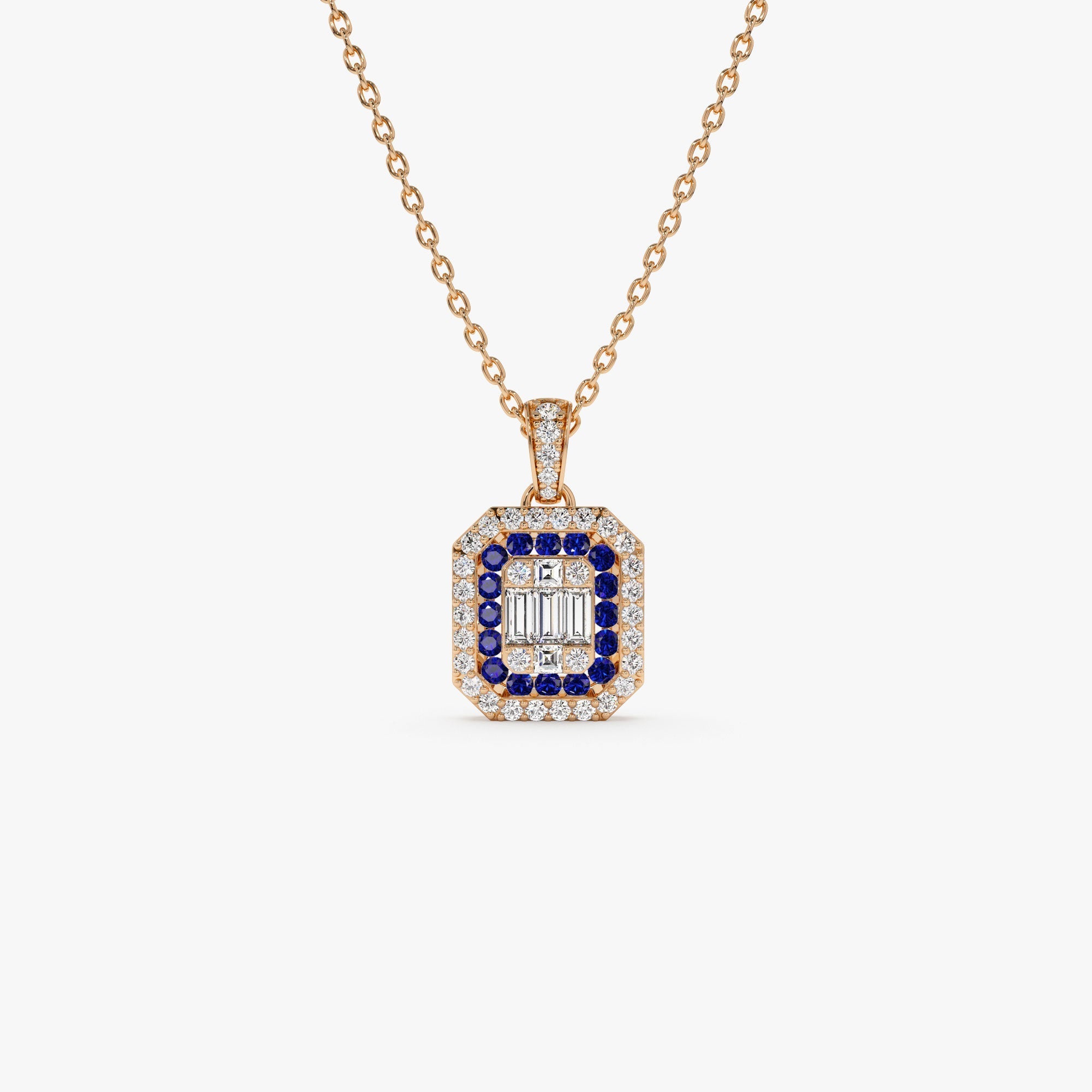 14k Baguette and Round Sapphire Necklace with Halo Setting - GeumJewels