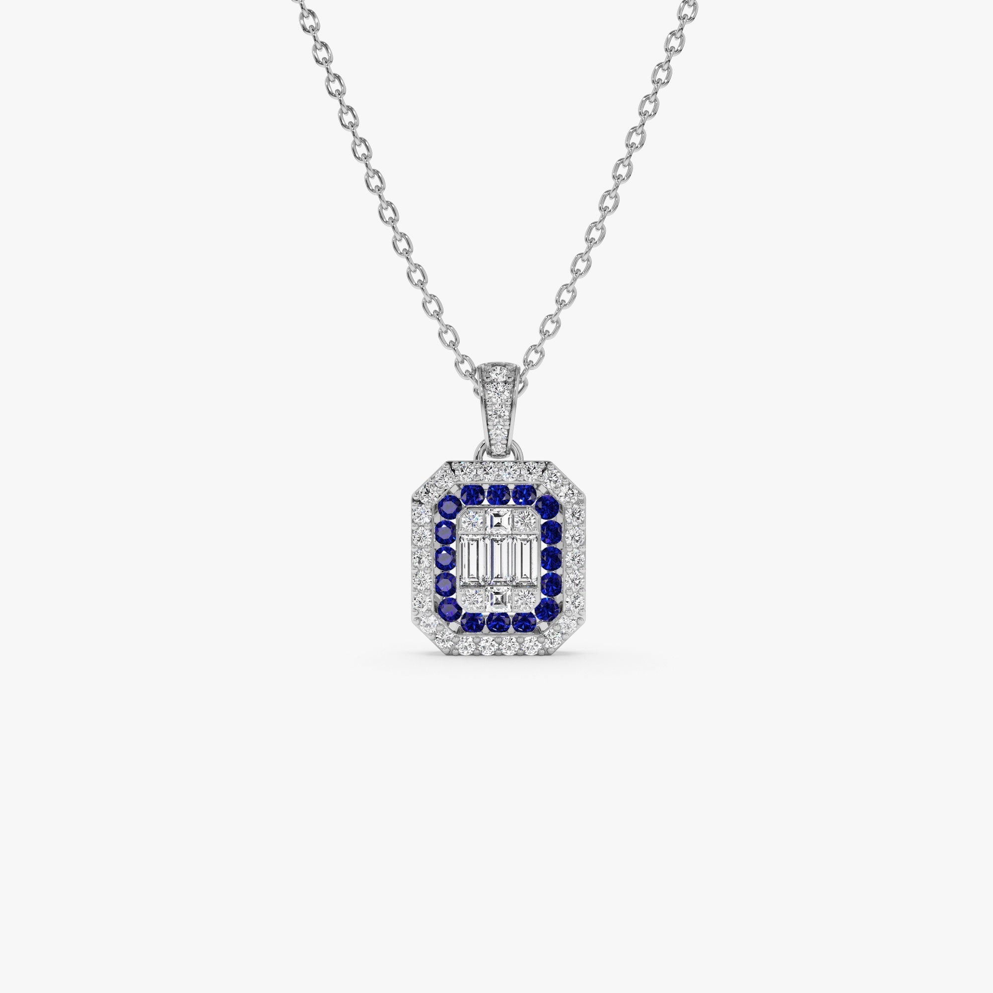 14k Baguette and Round Sapphire Necklace with Halo Setting - GeumJewels