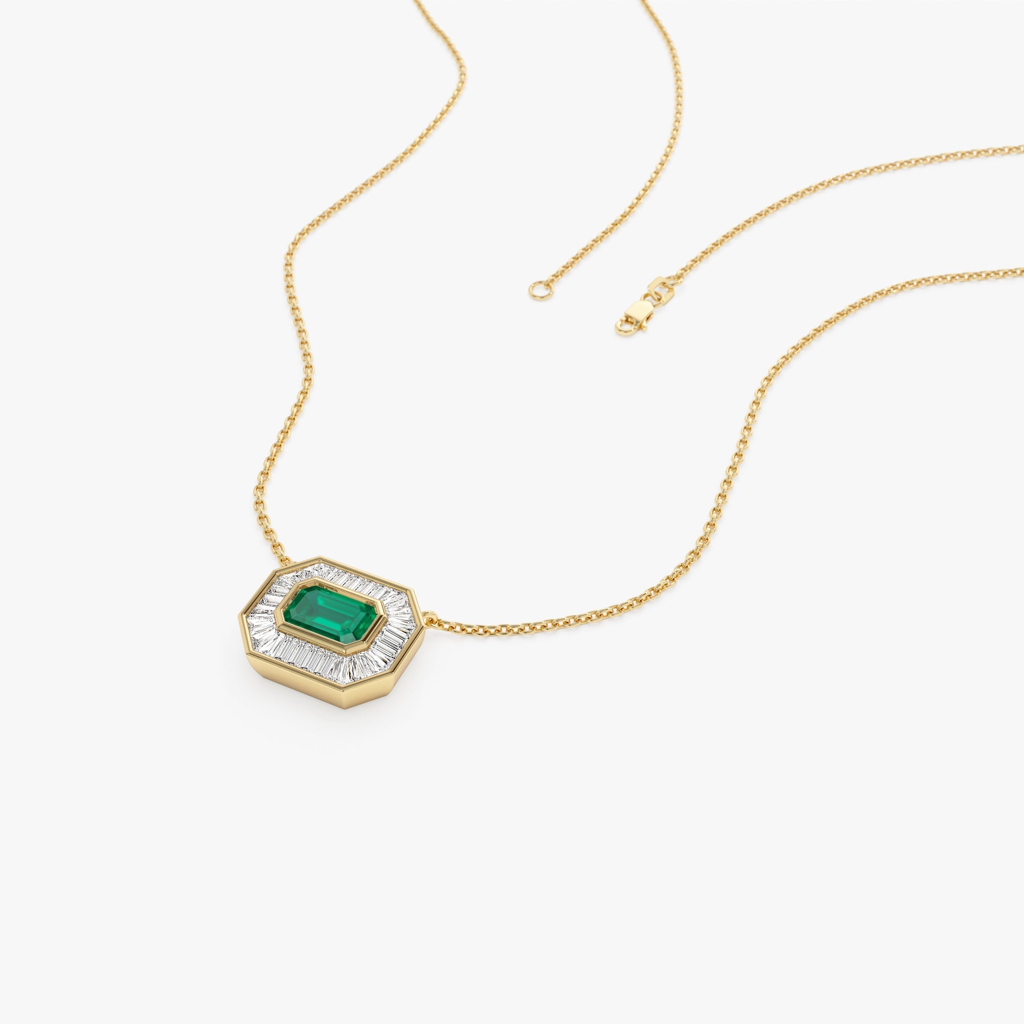 14k Baguette Halo Emerald Necklace - GeumJewels