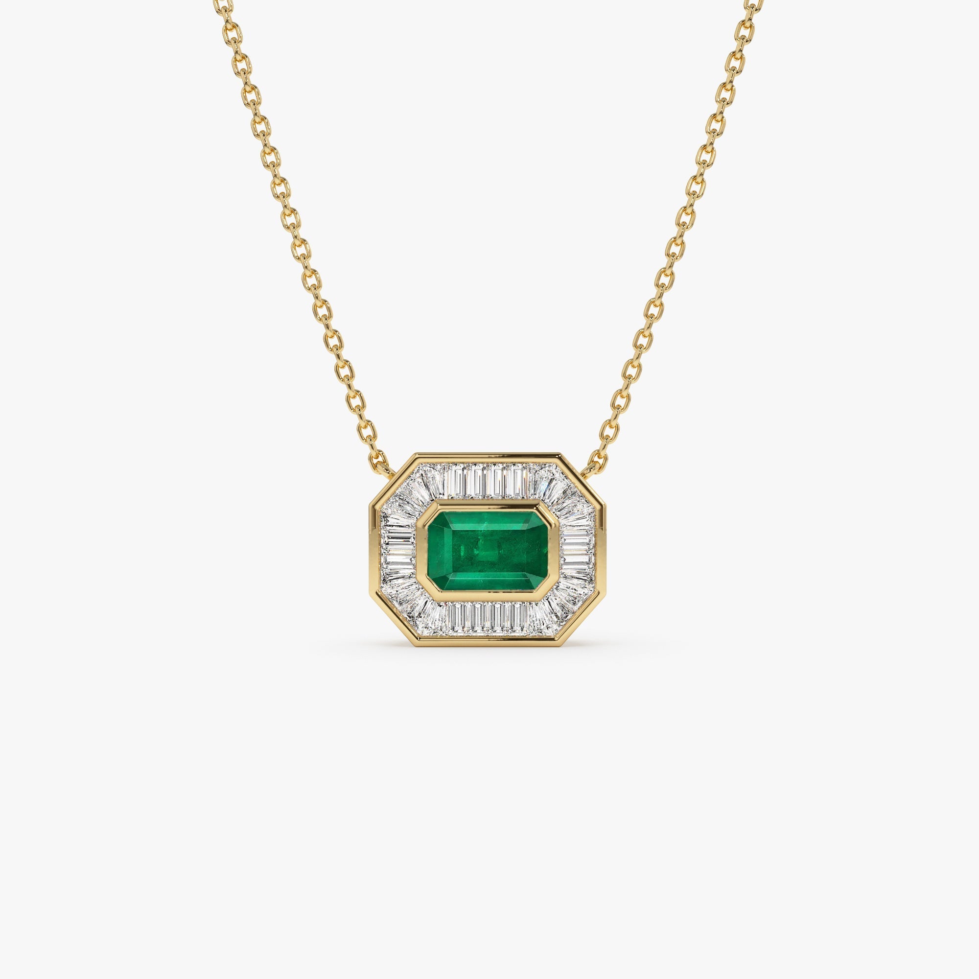 14k Baguette Halo Emerald Necklace - GeumJewels