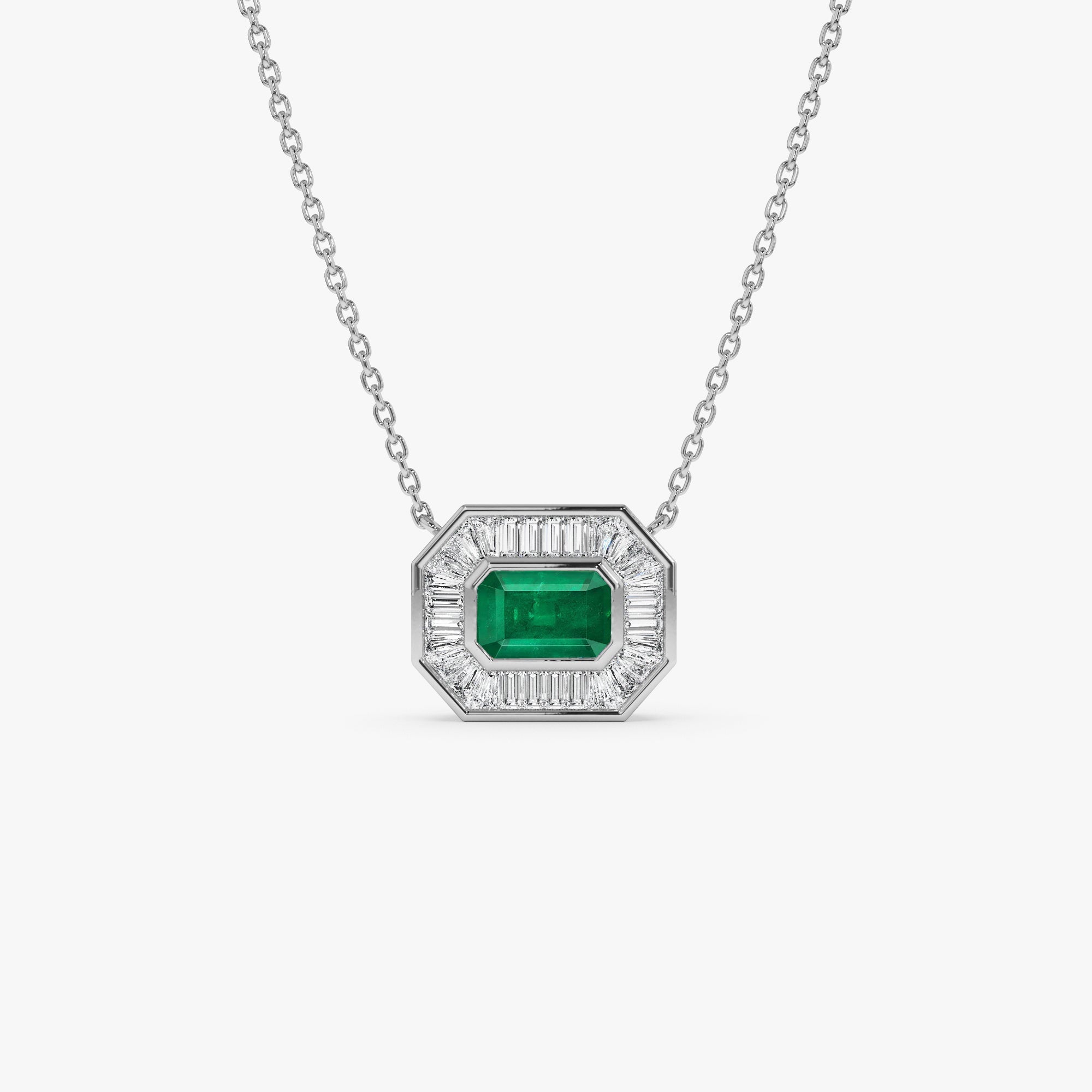 14k Baguette Halo Emerald Necklace - GeumJewels