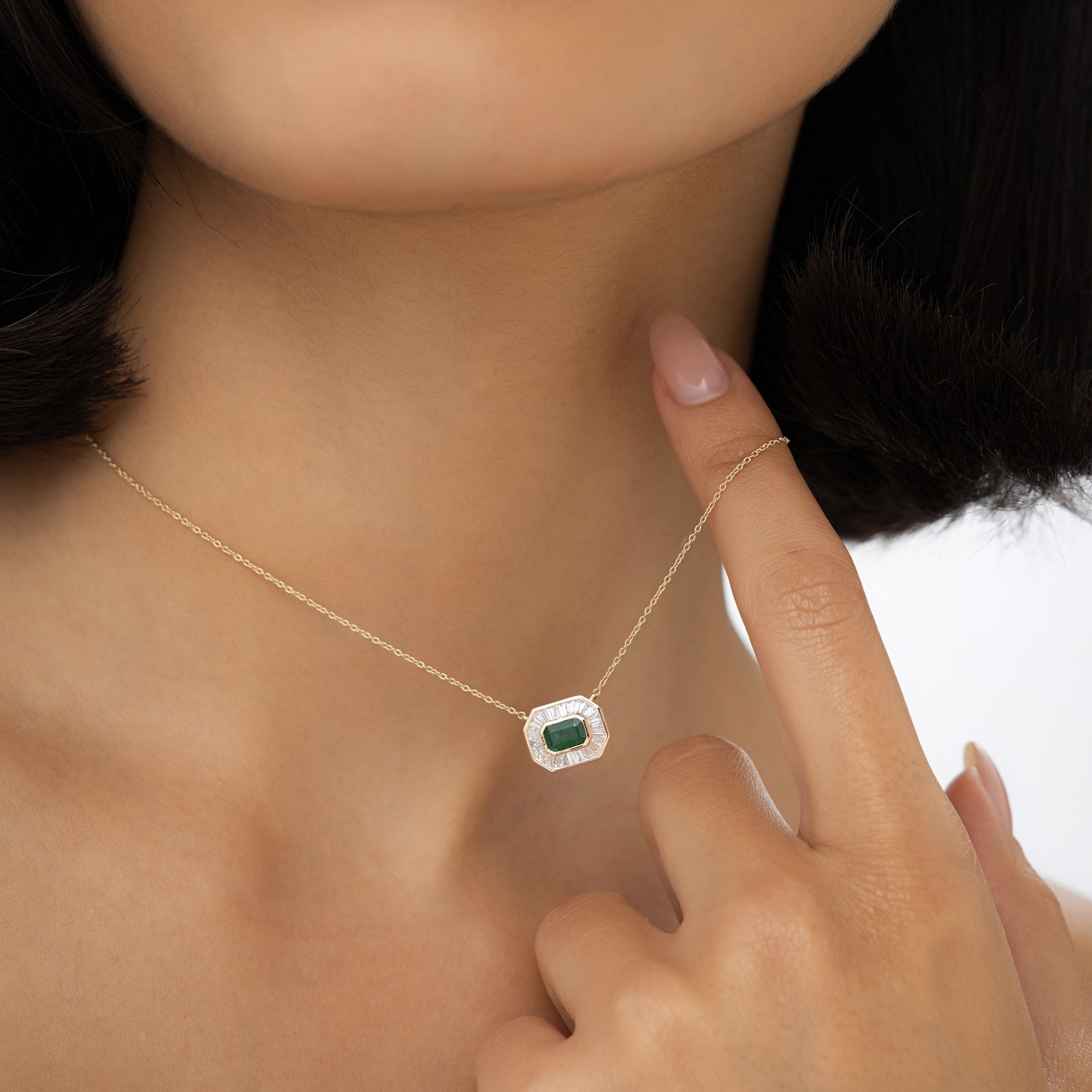 14k Baguette Halo Emerald Necklace - GeumJewels