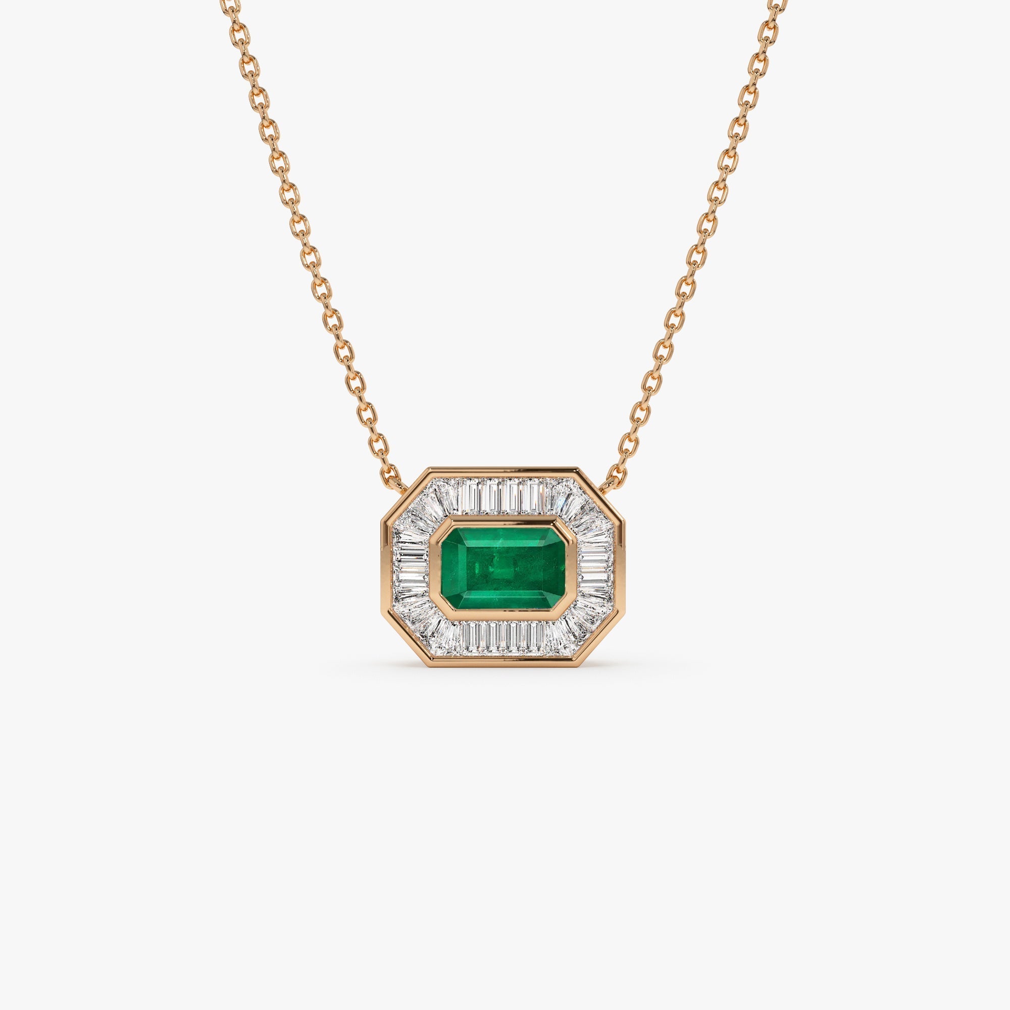 14k Baguette Halo Emerald Necklace - GeumJewels
