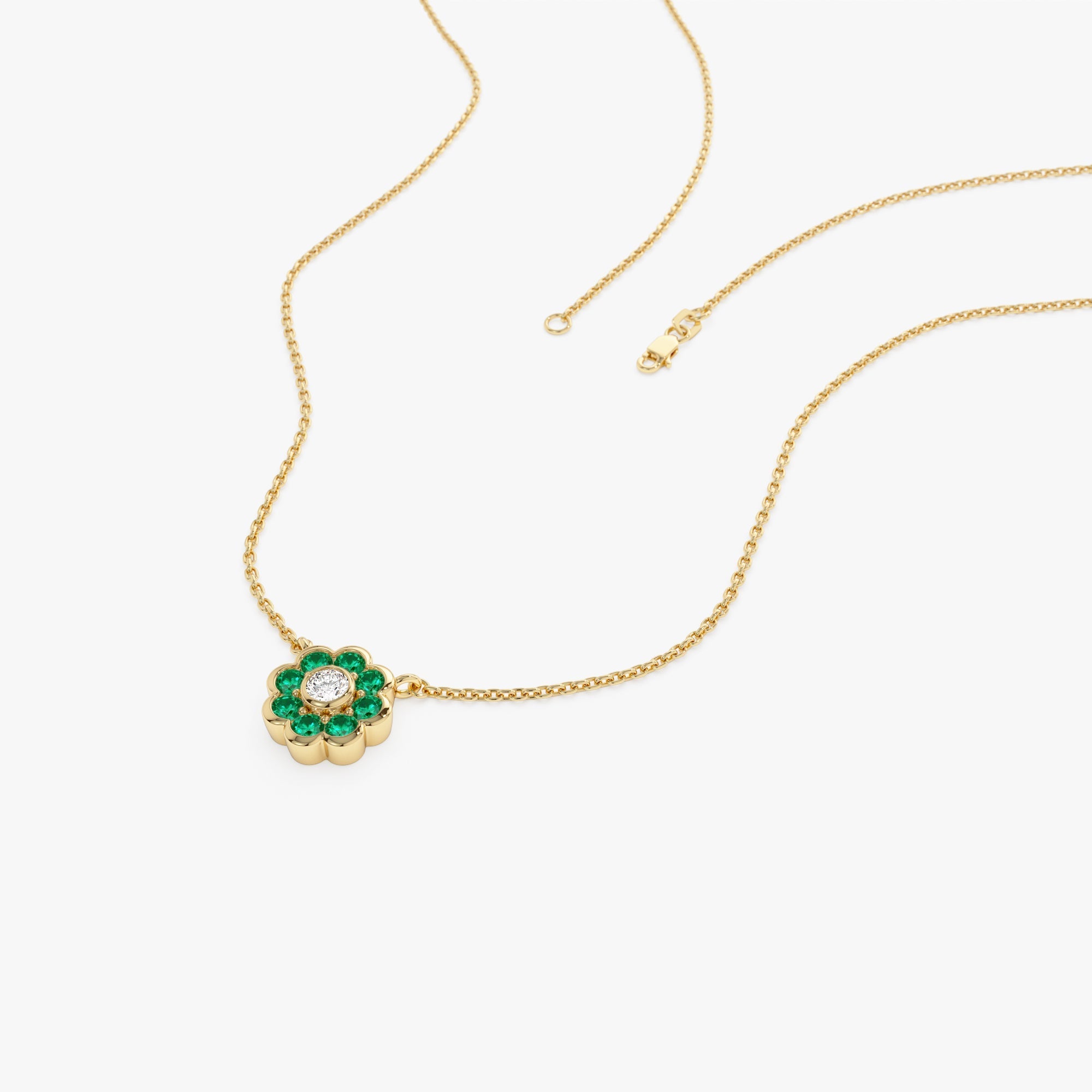 14K Bezel Setting Emerald Flower Diamond Necklace - GeumJewels