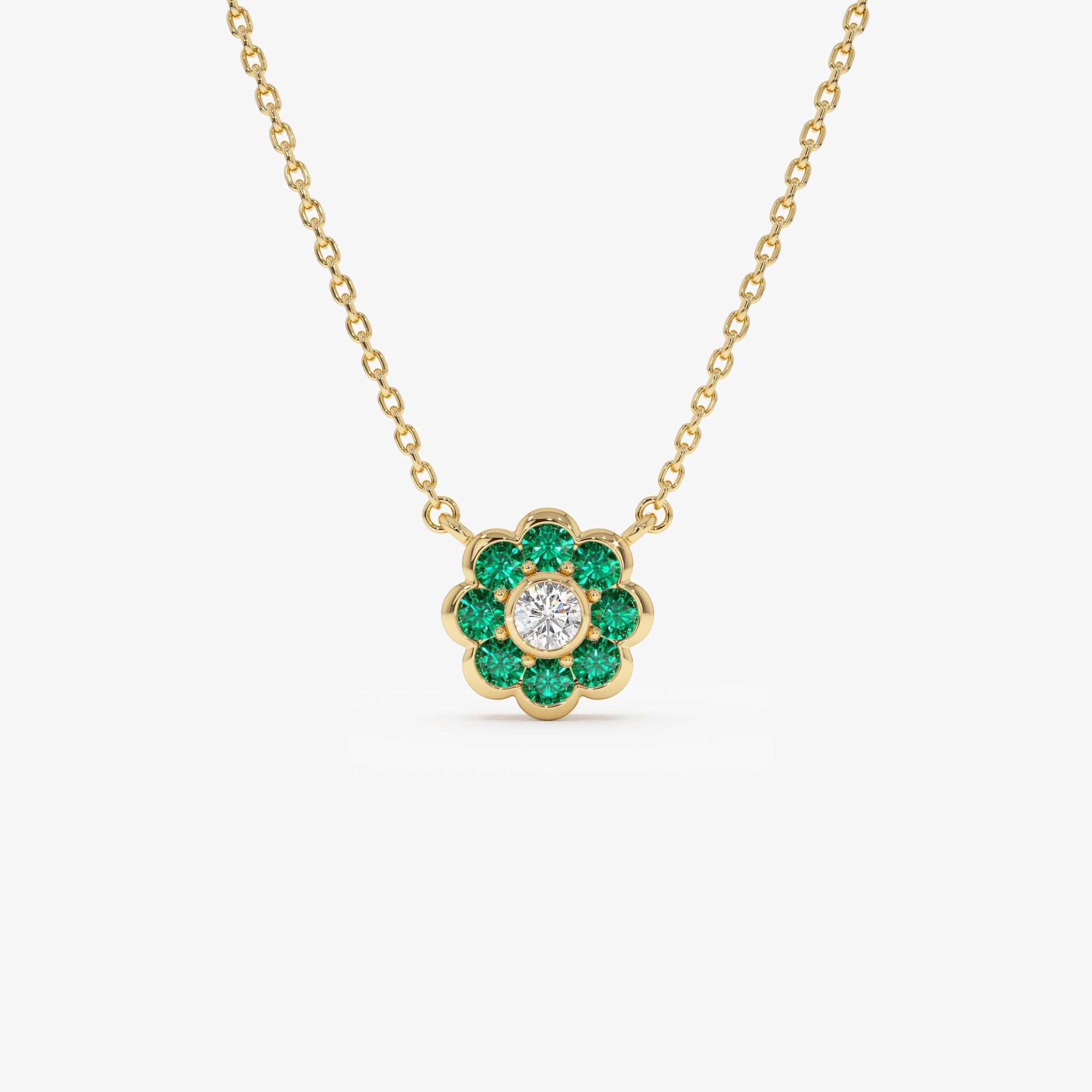 14K Bezel Setting Emerald Flower Diamond Necklace - GeumJewels
