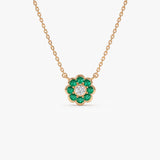 14K Bezel Setting Emerald Flower Diamond Necklace - GeumJewels