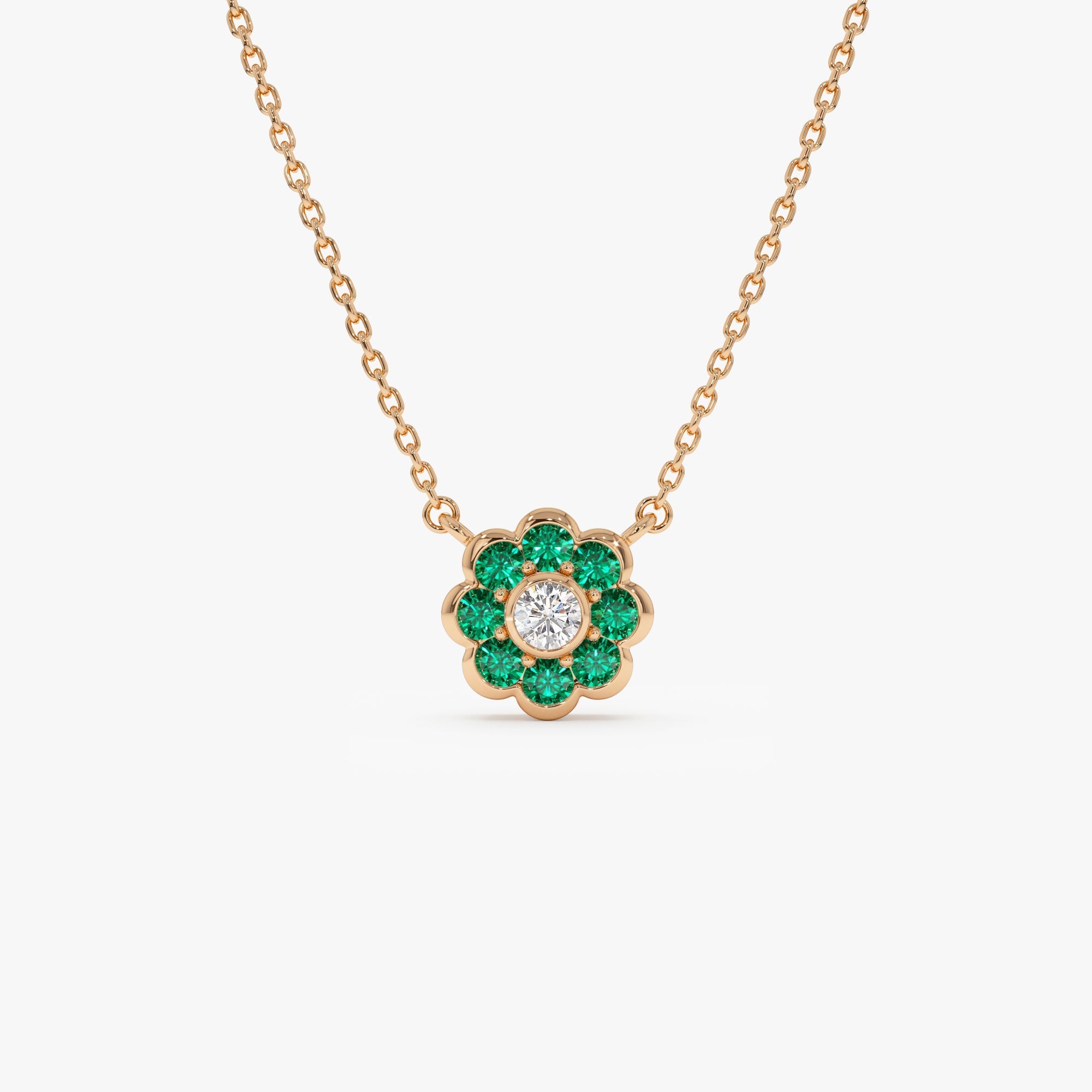 14K Bezel Setting Emerald Flower Diamond Necklace - GeumJewels