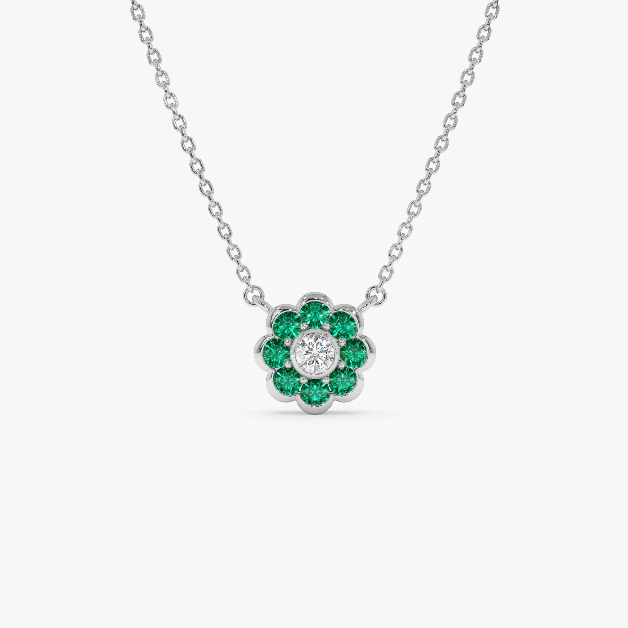 14K Bezel Setting Emerald Flower Diamond Necklace - GeumJewels