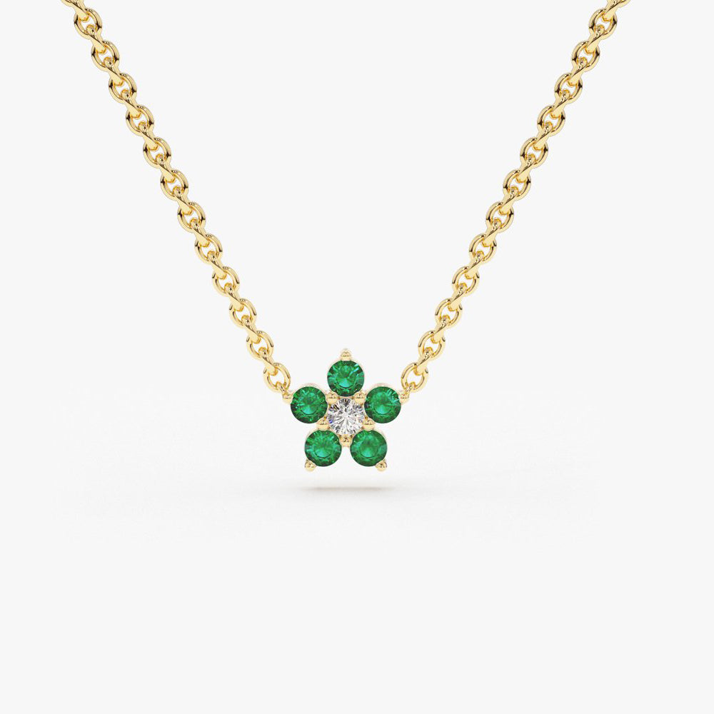 14K Emerald and Diamond Flower Charm Necklace - GeumJewels