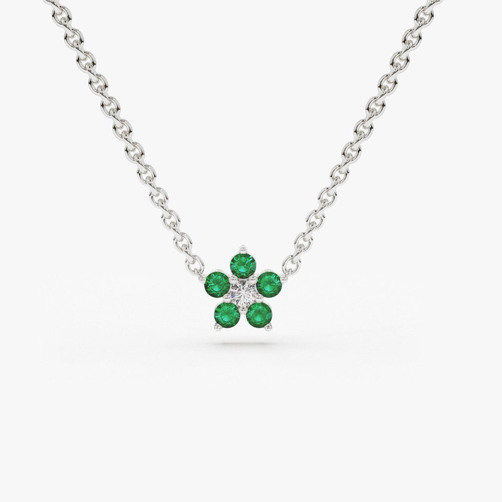 14K Emerald and Diamond Flower Charm Necklace - GeumJewels
