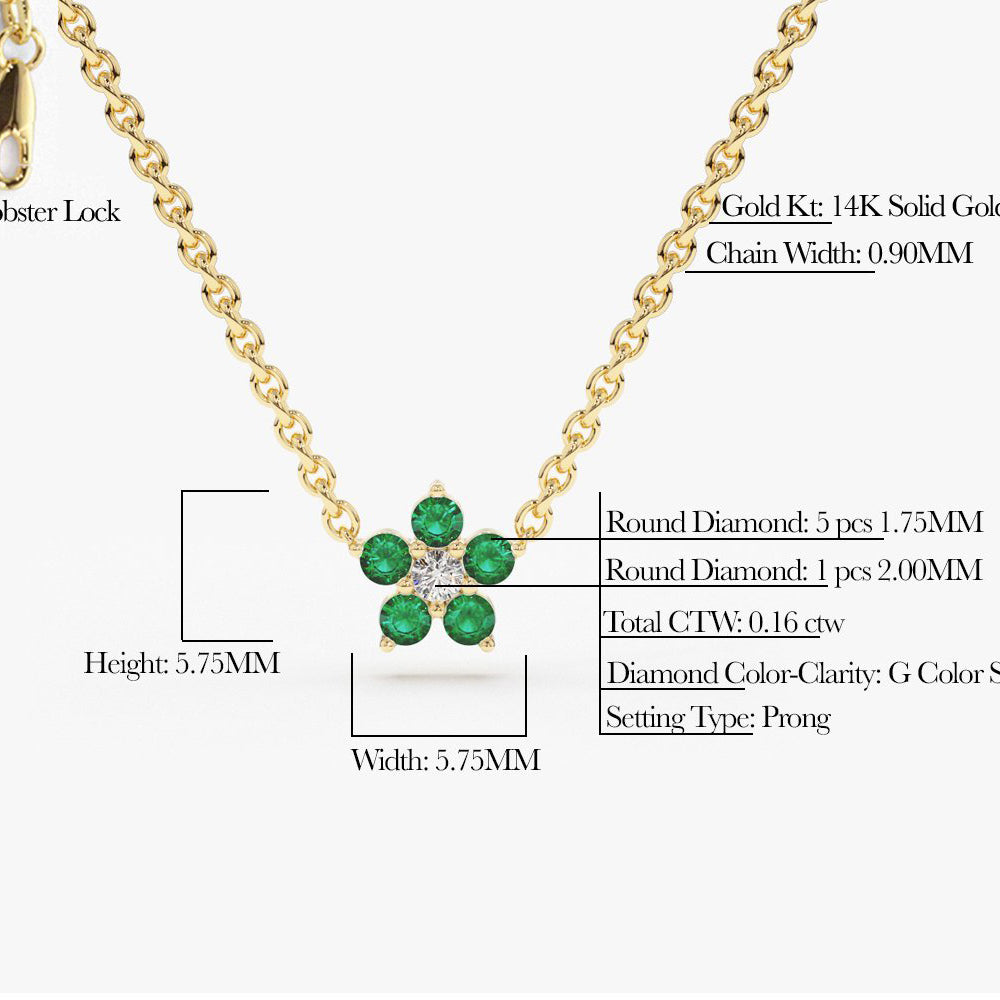 14K Emerald and Diamond Flower Charm Necklace - GeumJewels