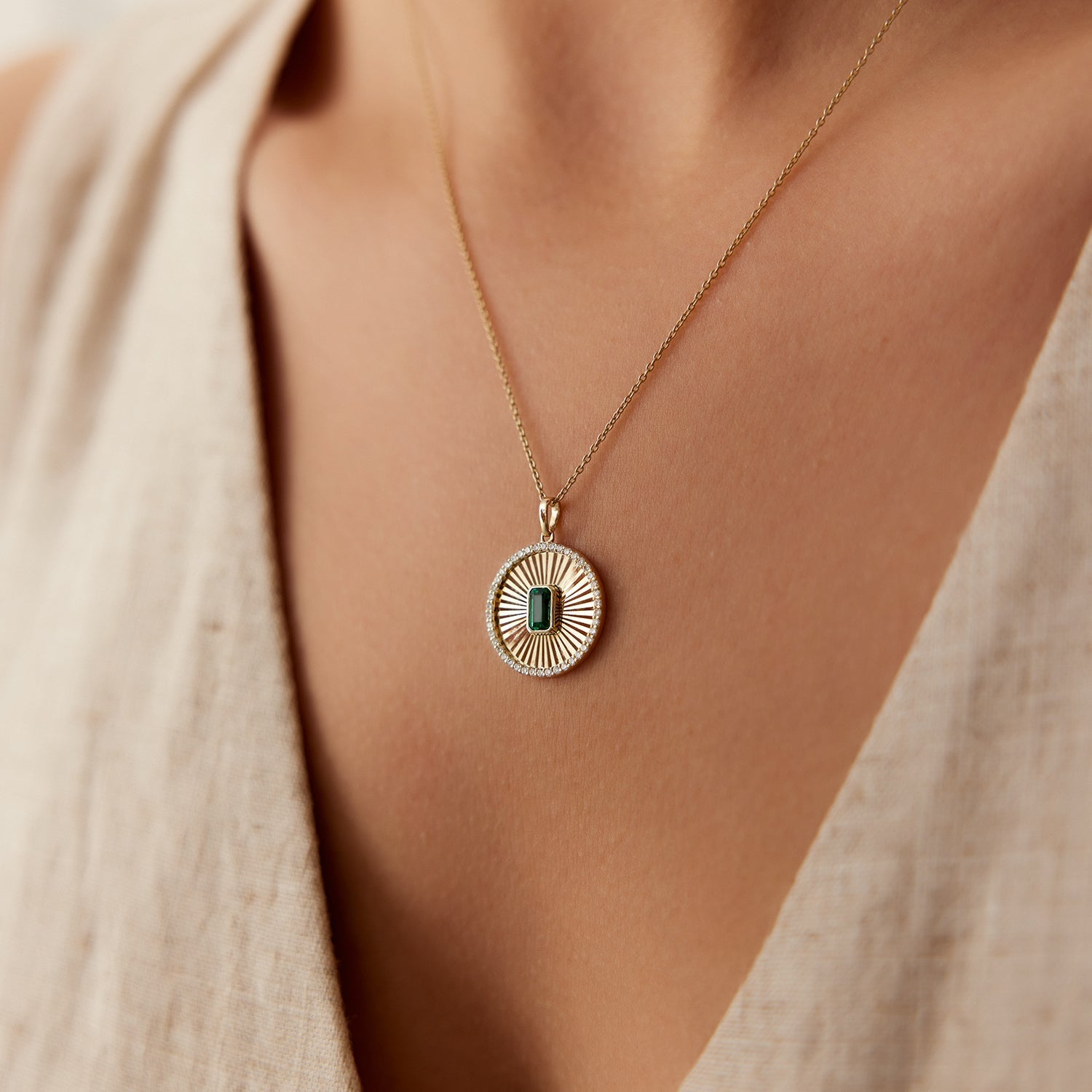 14K Emerald and Diamond Medallion Necklace - GeumJewels