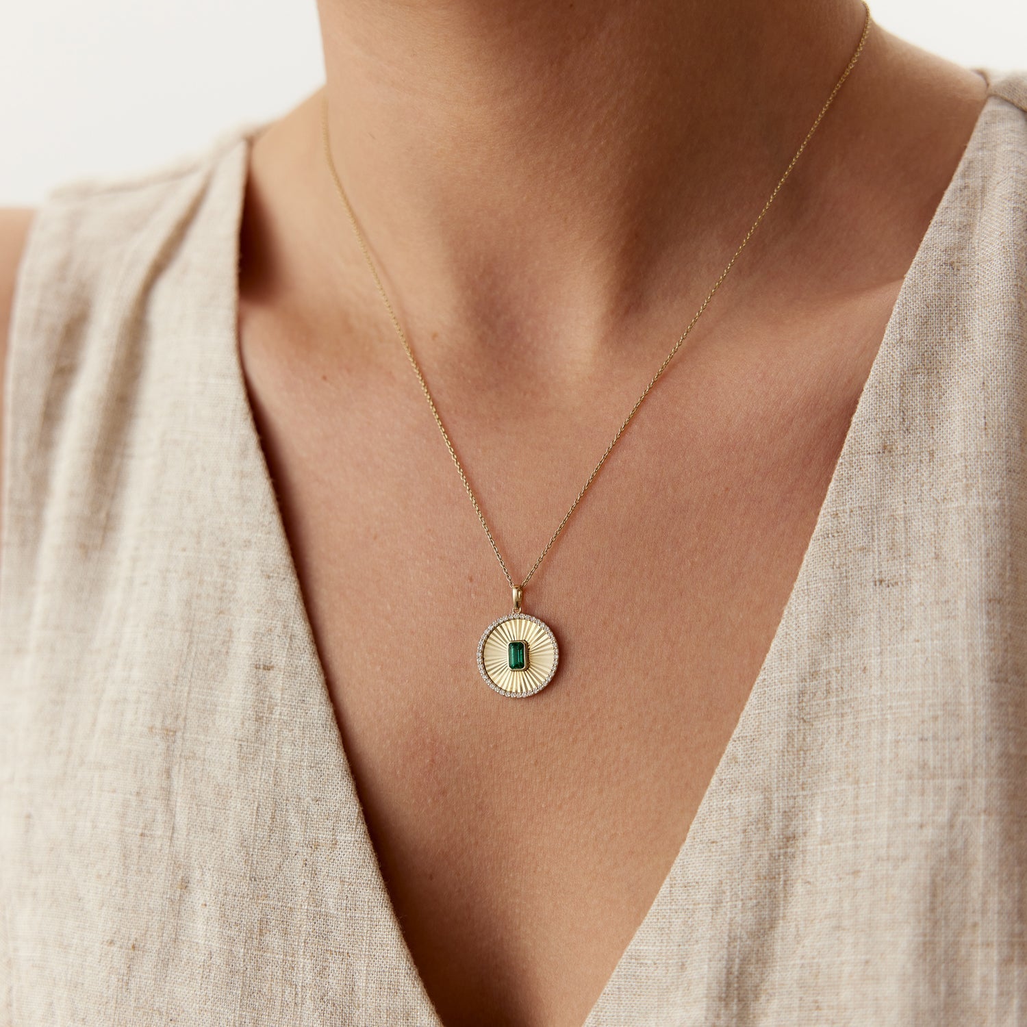 14K Emerald and Diamond Medallion Necklace - GeumJewels