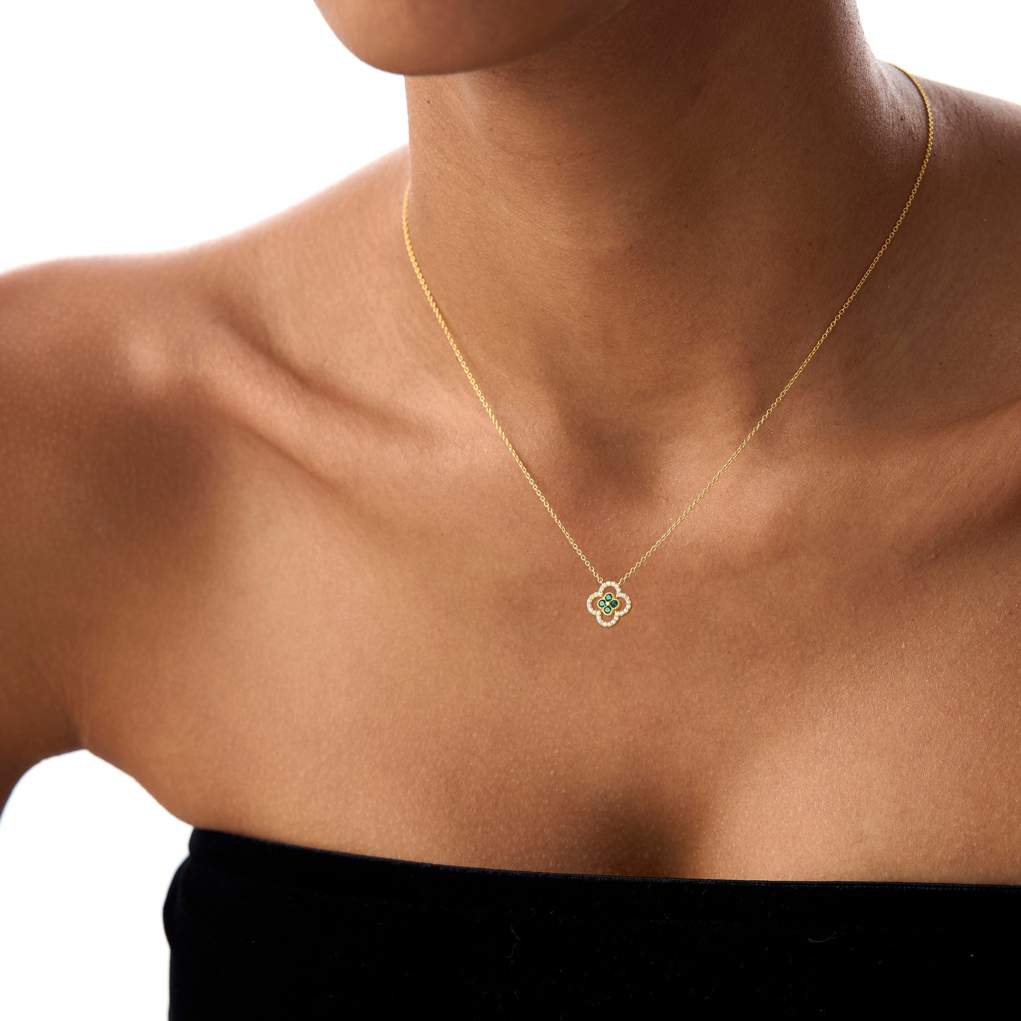 14k Emerald Clover Necklace in Halo Setting - GeumJewels