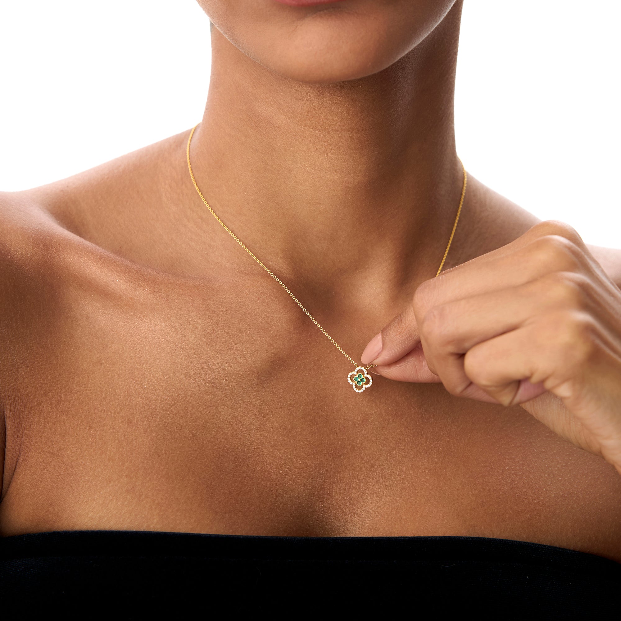 14k Emerald Clover Necklace in Halo Setting - GeumJewels