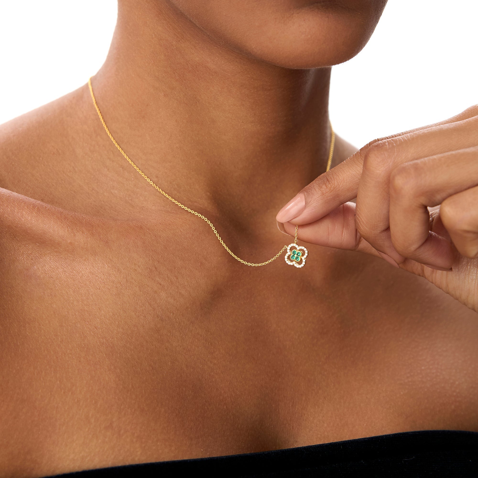 14k Emerald Clover Necklace in Halo Setting - GeumJewels