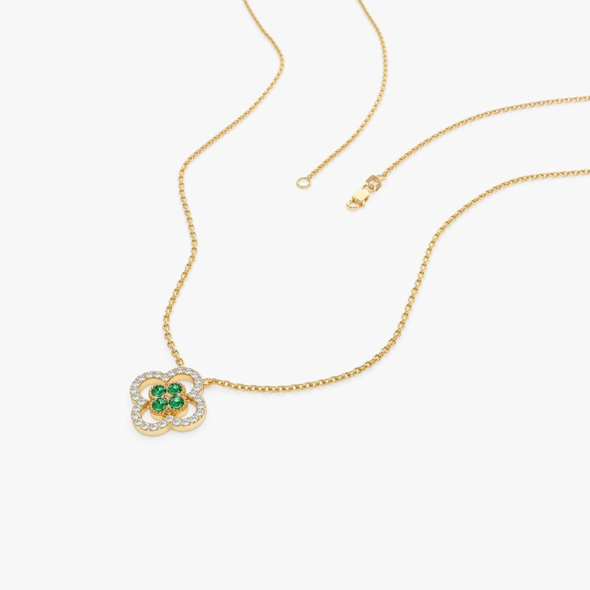 14k Emerald Clover Necklace in Halo Setting - GeumJewels