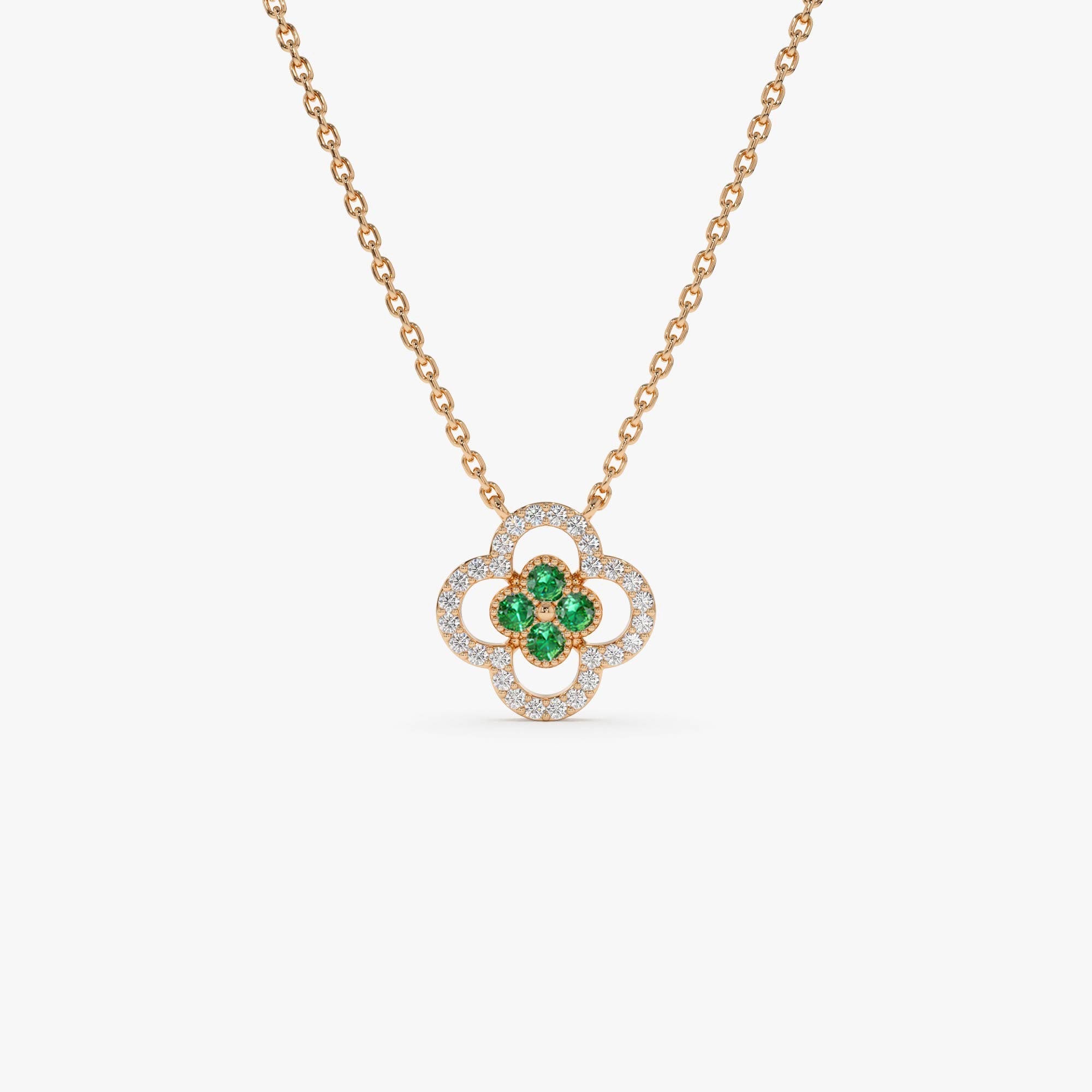 14k Emerald Clover Necklace in Halo Setting - GeumJewels