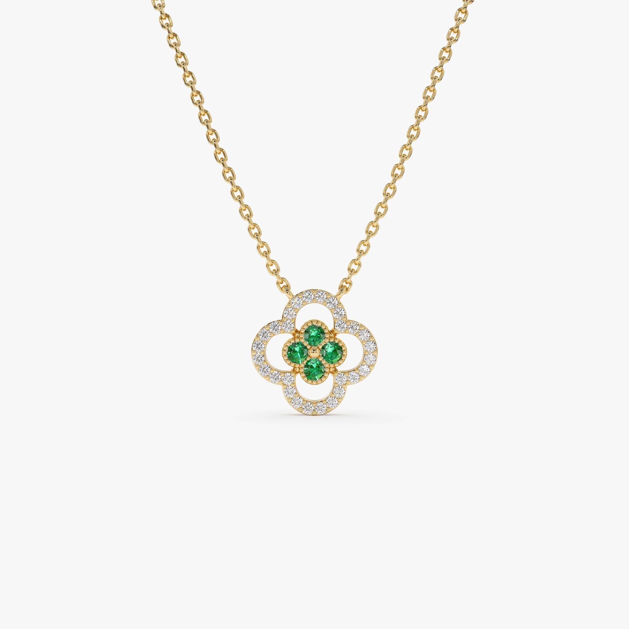14k Emerald Clover Necklace in Halo Setting - GeumJewels