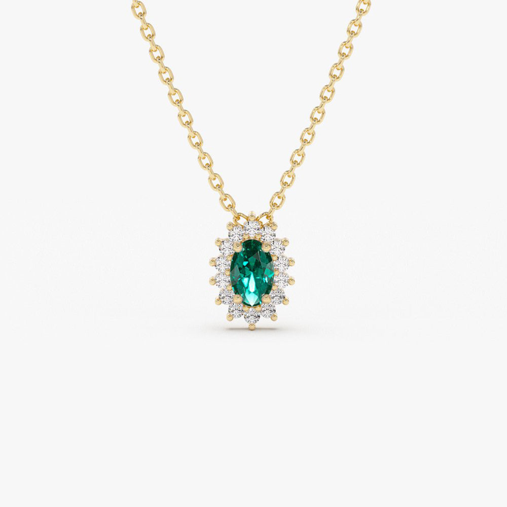 14k Emerald Necklace with Halo Diamonds - GeumJewels
