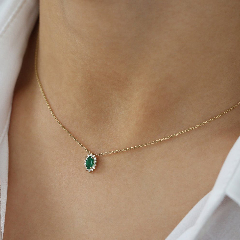 14k Emerald Necklace with Halo Diamonds - GeumJewels