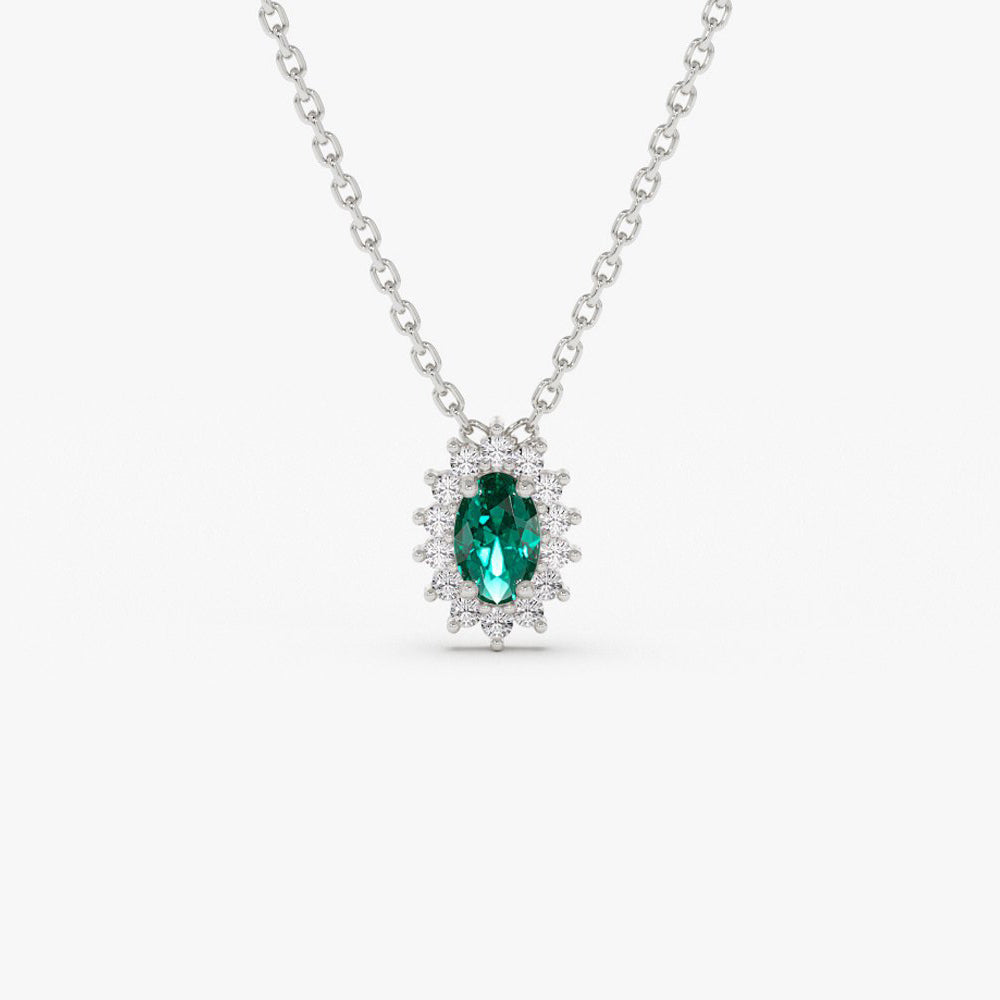 14k Emerald Necklace with Halo Diamonds - GeumJewels
