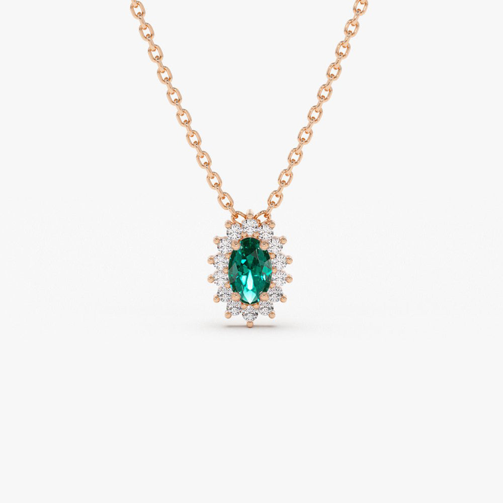 14k Emerald Necklace with Halo Diamonds - GeumJewels