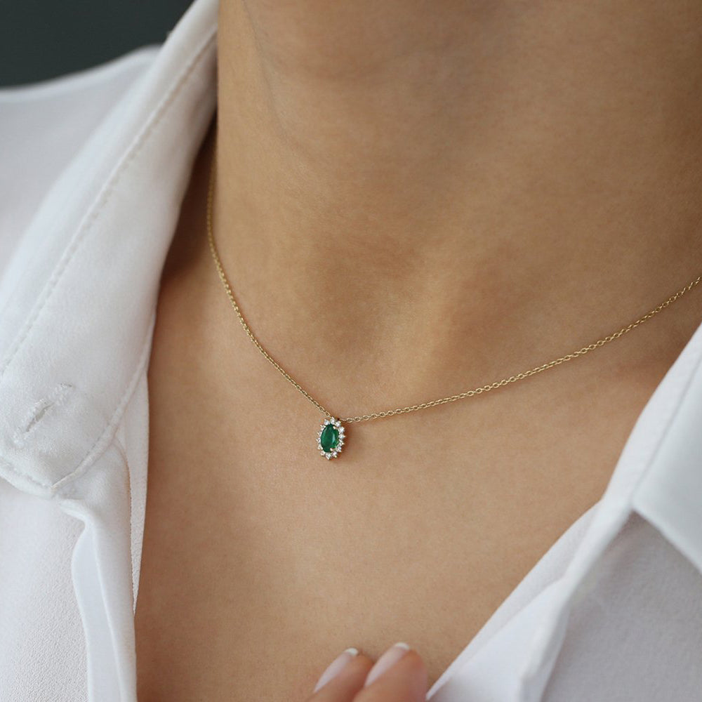 14k Emerald Necklace with Halo Diamonds - GeumJewels